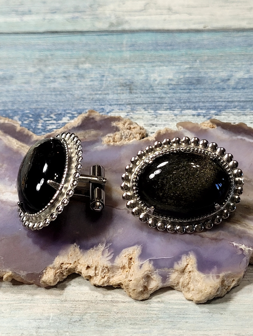 Gold Sheen Obsidian Oval Cufflinks with Silver Frame